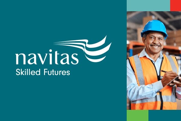 Man wearing HiVi and hard hat holding a clipboard. Navitas Skilled Futures Logo