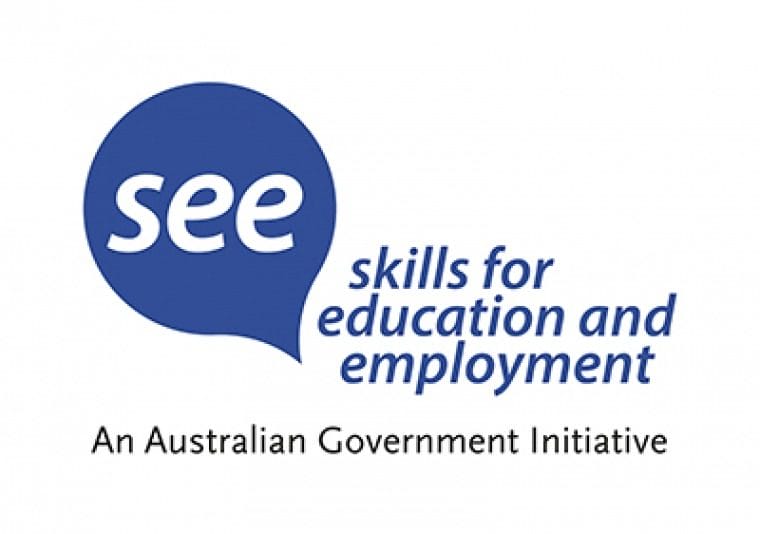 SEE Skills for education and employment logo. Blue and white.